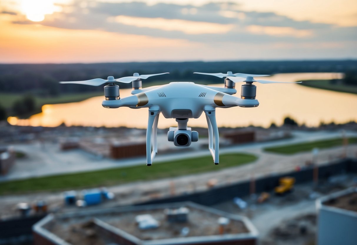 A drone flying over a construction site, capturing data and images to be used in BIM modeling