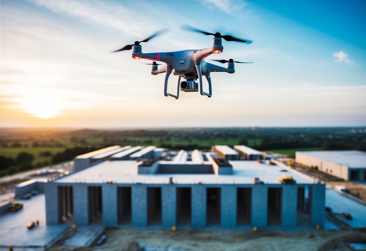 A drone hovers above a construction site, capturing detailed images of the ongoing project for efficient BIM implementation