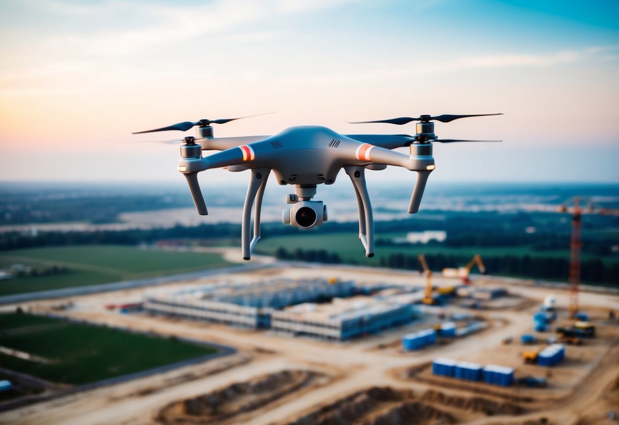 A drone hovers over a construction site, capturing detailed images of the land below for mapping and surveying purposes