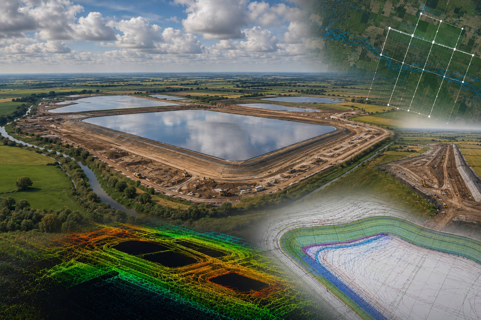 Aerial survey of reservoir construction with classified LiDAR point cloud overlay and 1km tile grid — bare-earth DTM through hedgerow vegetation
